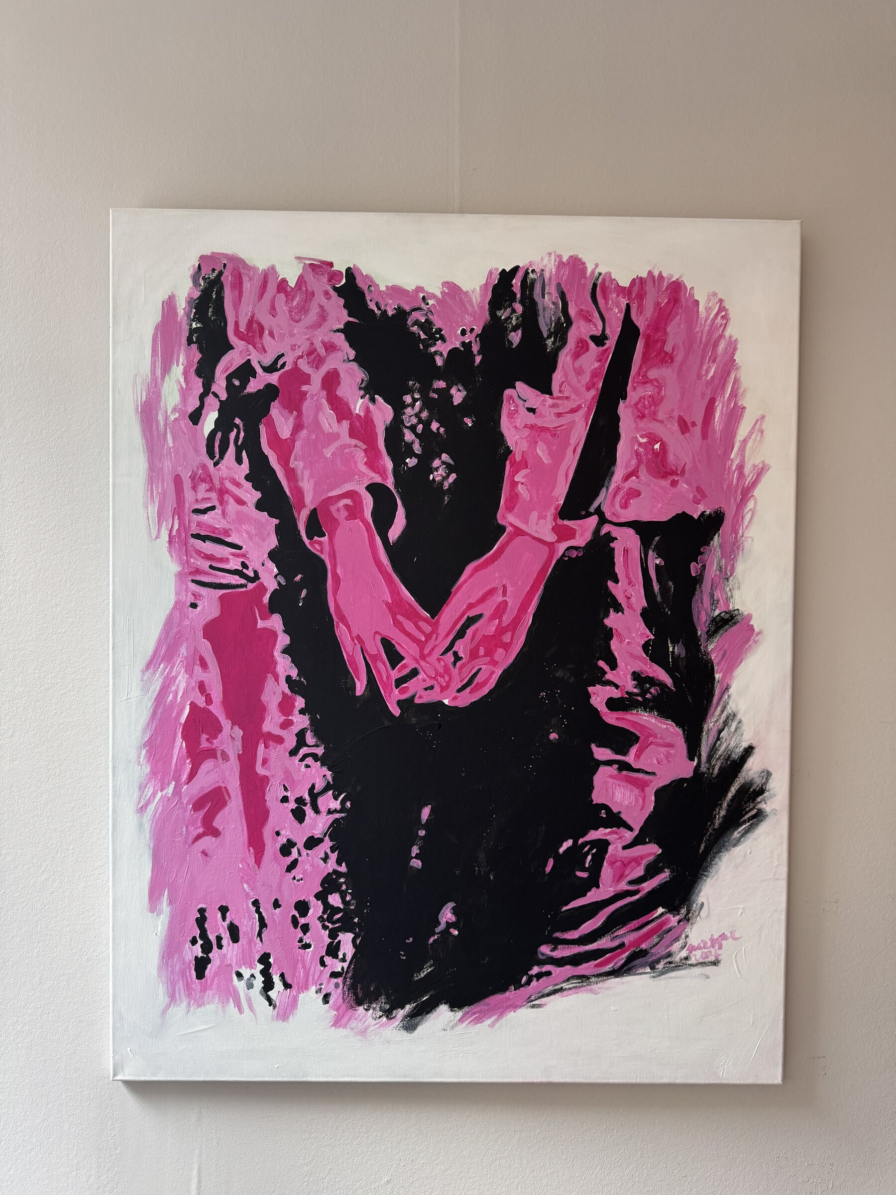 Darina Mikityuk, painting, hands and figure in pink and black