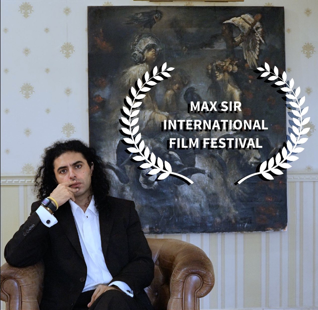 Chilean artist Max Sir beside his painting Dreams of Ukraine